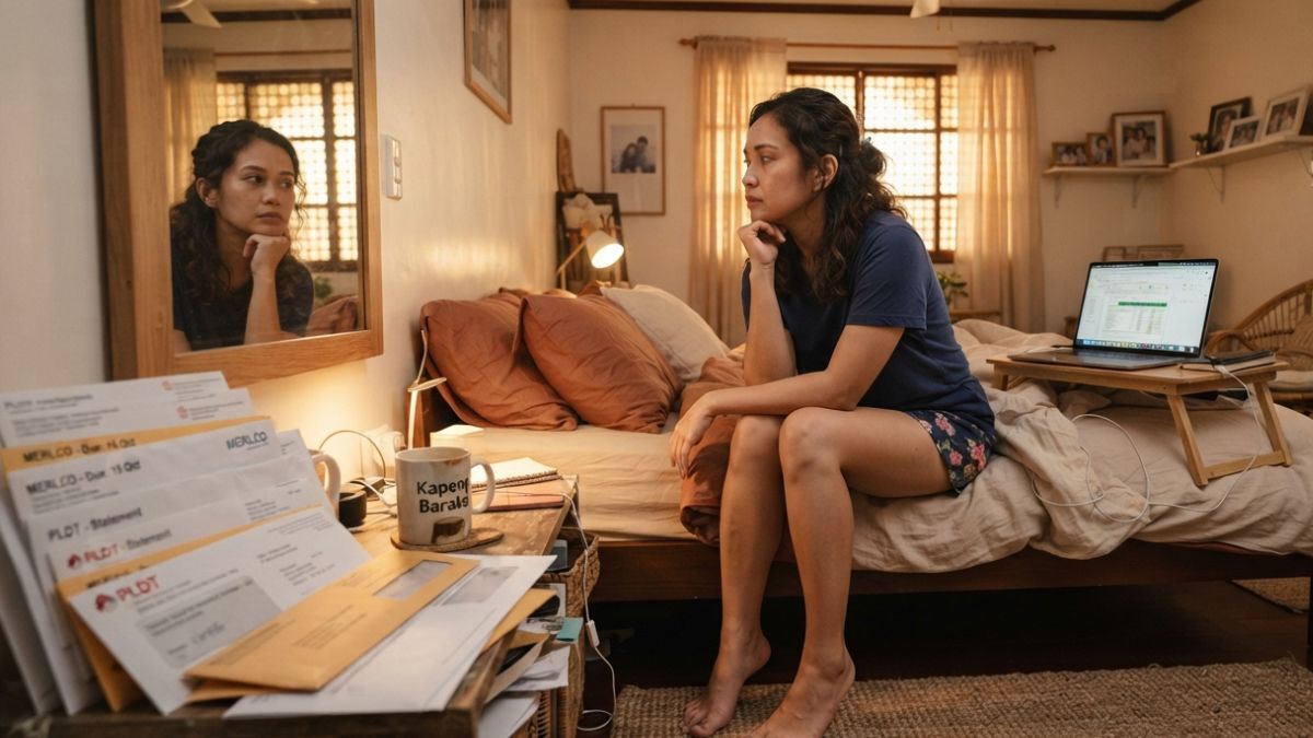 Woman having problem with bills piling up alone in the bedroom
