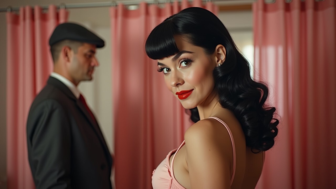 vintage woman and man in a fitting room