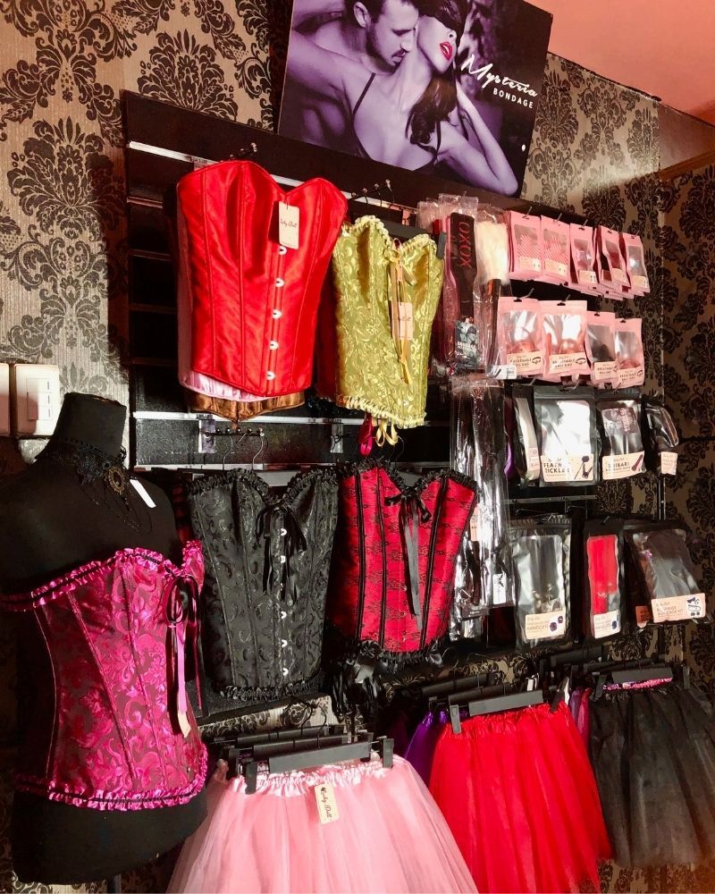 Store interior showing our wall full of Corsets